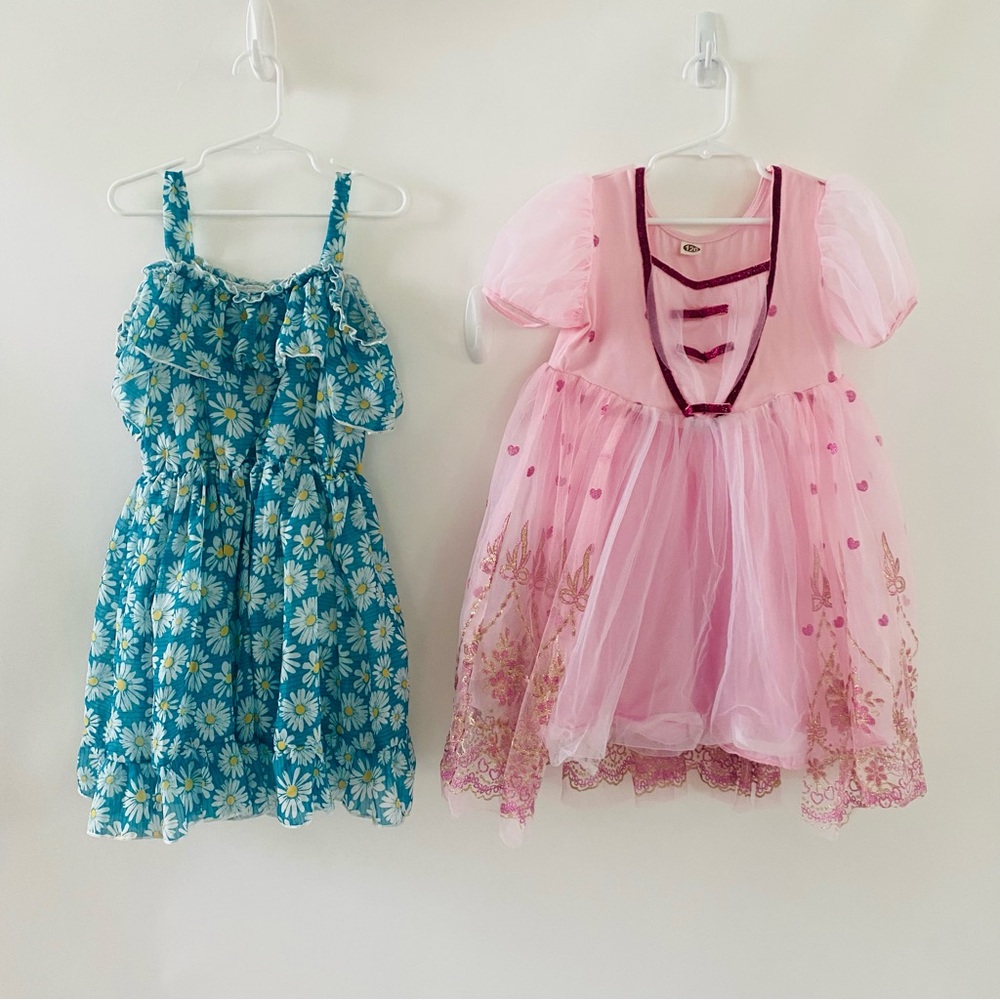 EUC SET OF 2 DRESSES Kids Size 6, daisy print, princess pink, dress up or casual